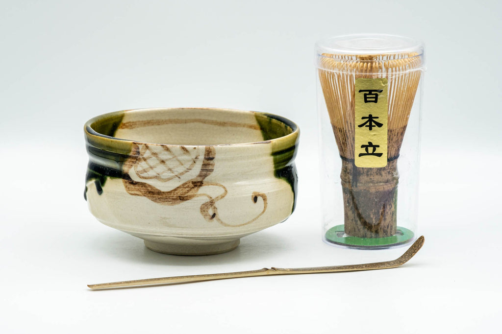 Japanese Matcha Bowl Set - Drip Glazed Dojimari-gata Oribe-yaki Chawan with Bamboo Chasen Whisk and Chashaku Scoop - 400ml