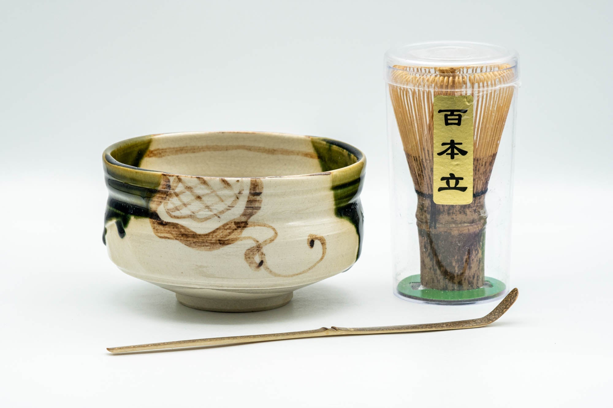 Japanese Matcha Bowl Set - Drip Glazed Dojimari-gata Oribe-yaki Chawan with Bamboo Chasen Whisk and Chashaku Scoop - 400ml