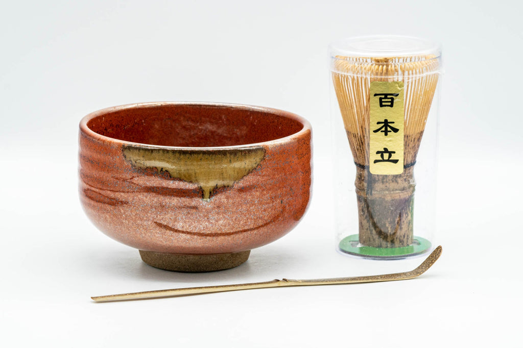 Japanese Matcha Bowl Set - 田中 佳山 Ochre Glazed Hantsutsu-gata Chawan with Bamboo Chasen Whisk and Chashaku Scoop - 450ml