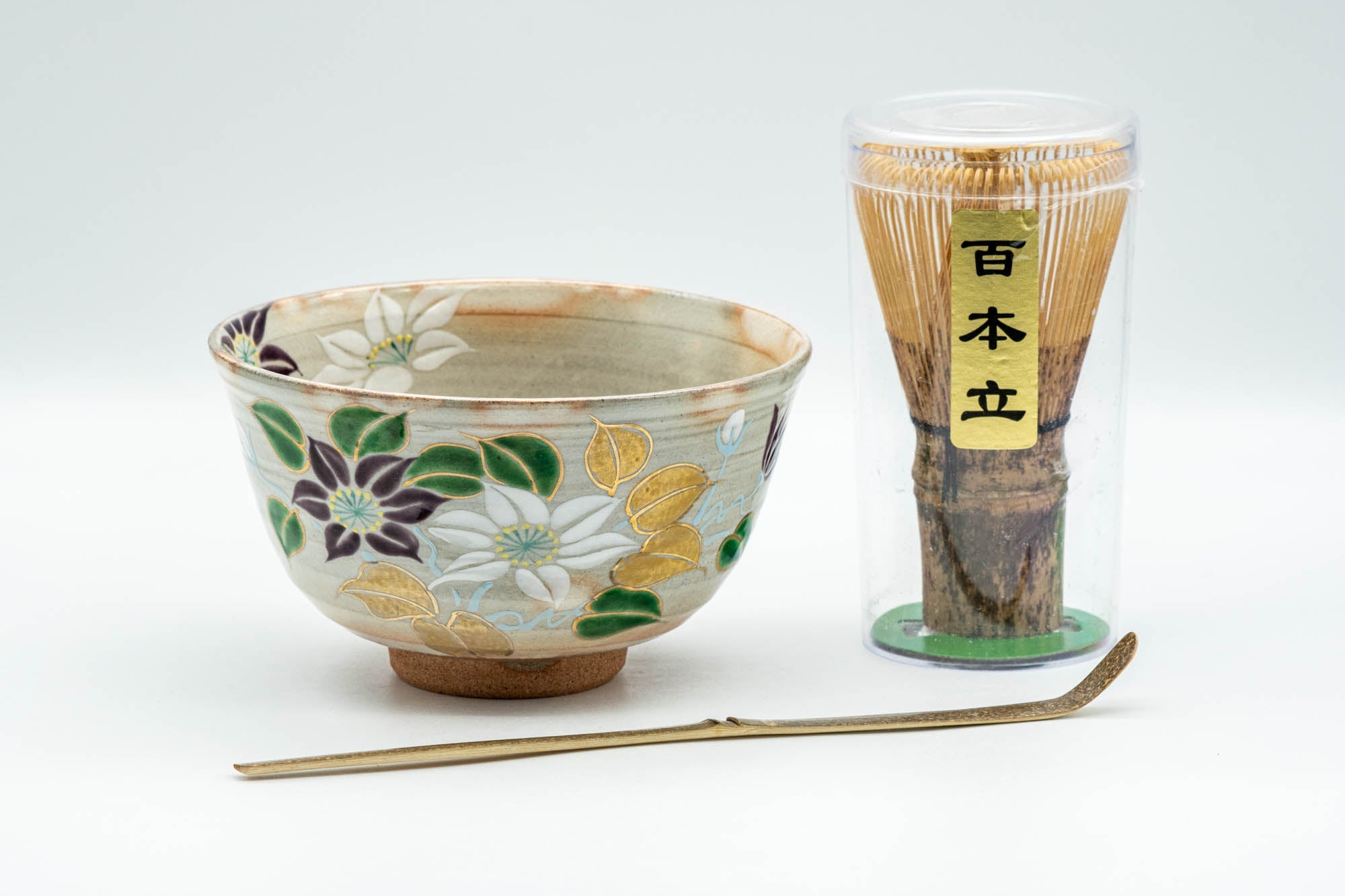 Japanese Matcha Bowl Set - Floral Hatazori-gata Kyo-yaki Chawan with Bamboo Chasen Whisk and Chashaku Scoop - 350ml