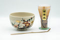 Japanese Matcha Bowl Set - Ume Hantsutsu-gata Kutani-yaki Chawan with Bamboo Chasen Whisk and Chashaku Scoop - 350ml