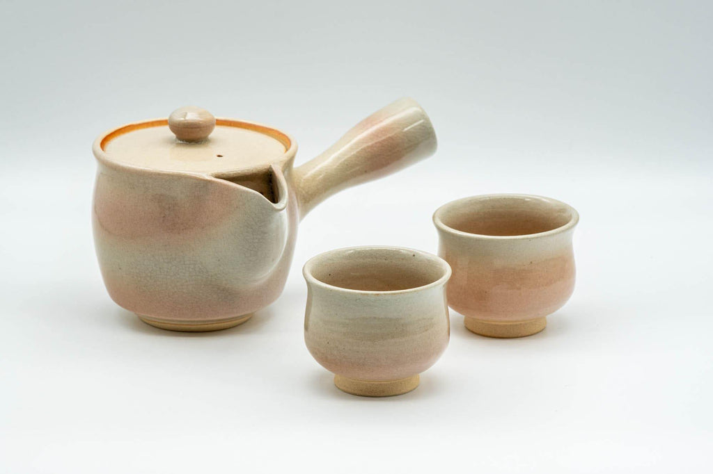 Japanese Tea Set - 椿窯 天鵬山 Tsubaki Kiln Hagi-yaki Do-ake Kyusu Teapot with 2 Yunomi Teacups