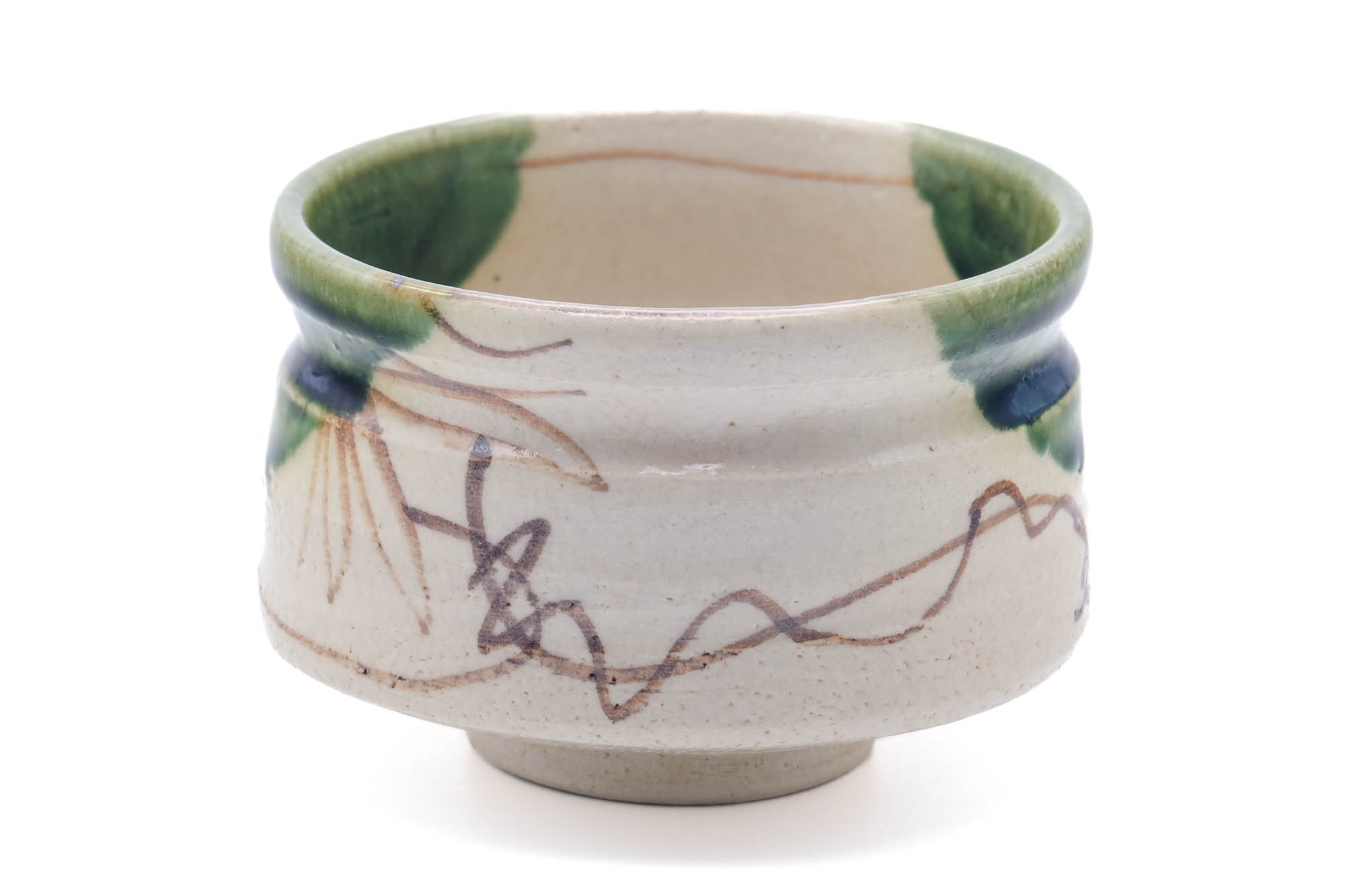Japanese Matcha Bowl - Floral Beige Green Glazed Oribe-yaki Chawan - 250ml