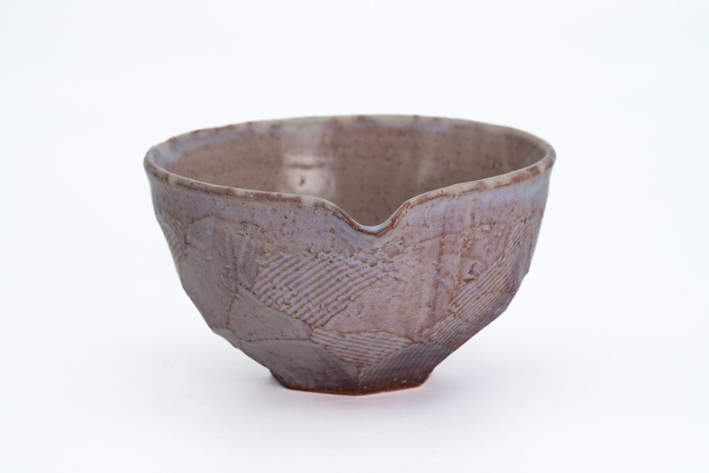 Purple-Beige Faceted Hagi-yaki Spouted Matcha Bowl