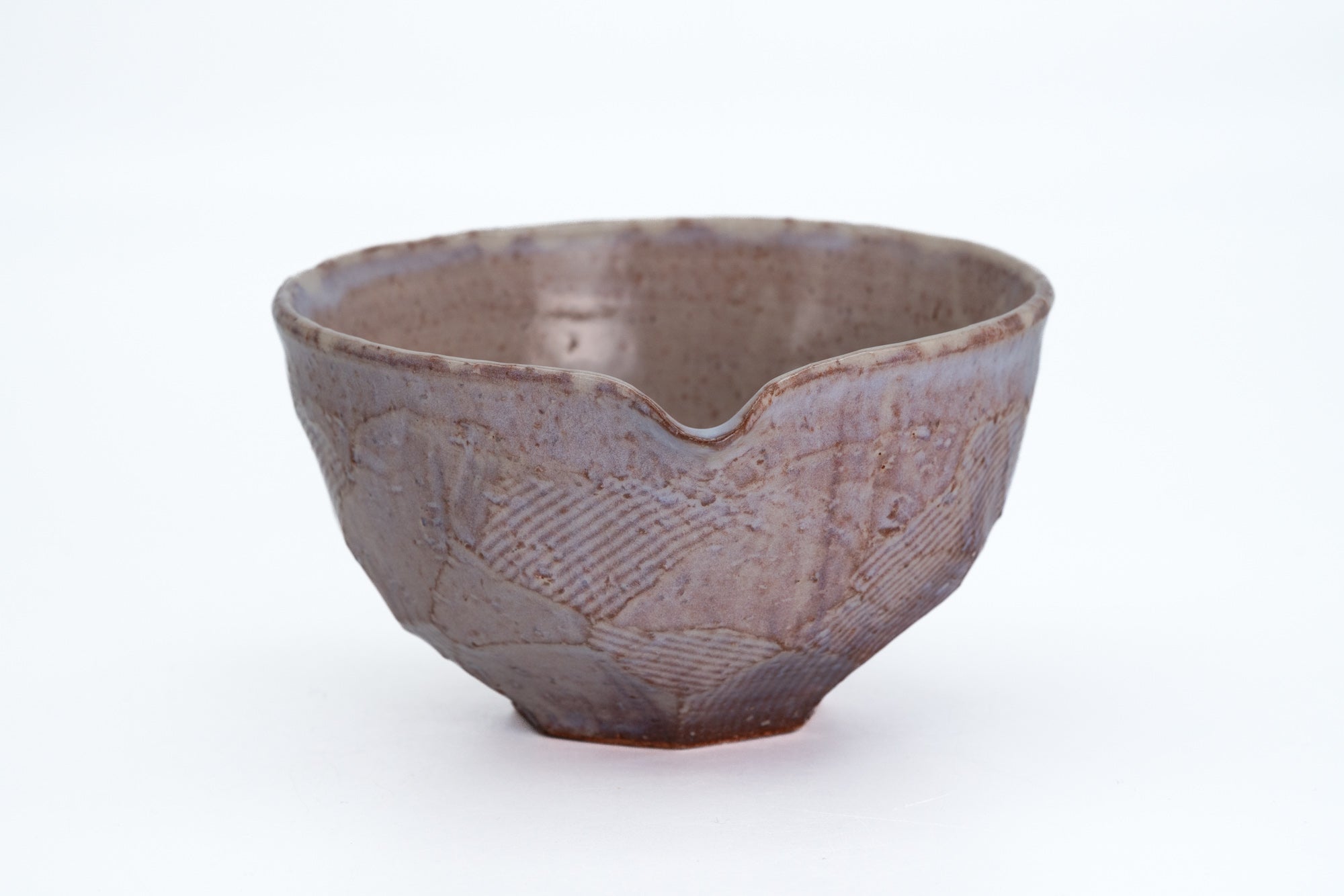 Purple-Beige Faceted Hagi-yaki Spouted Matcha Bowl