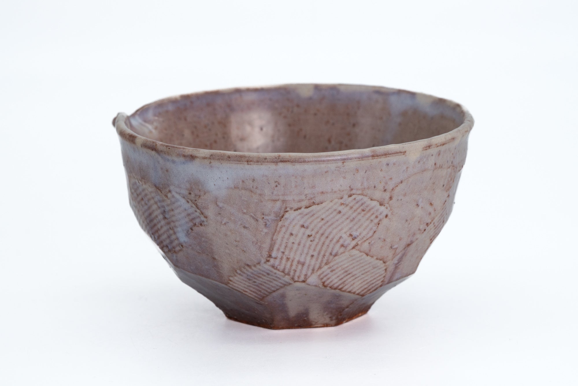 Purple-Beige Faceted Hagi-yaki Spouted Matcha Bowl