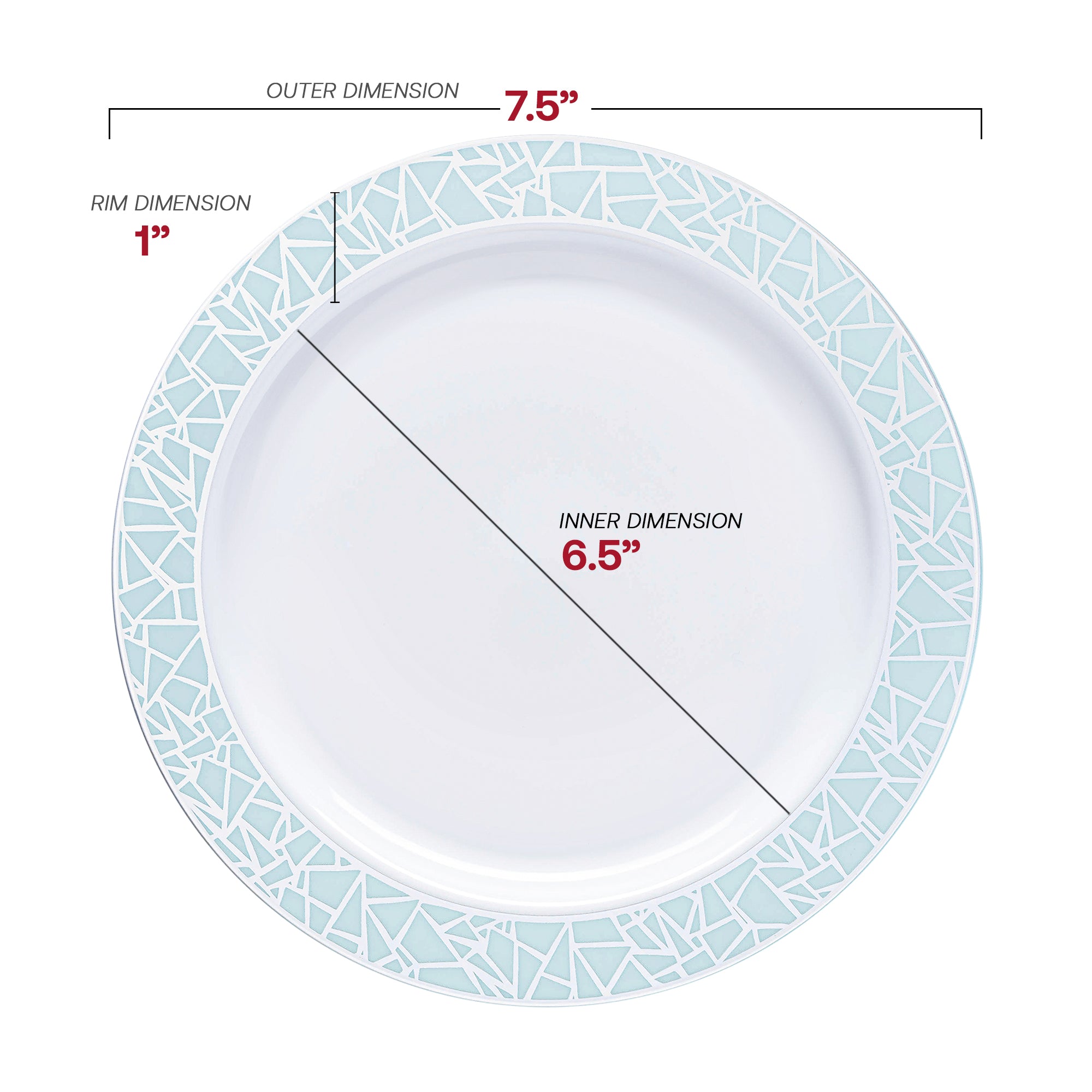 White with Turquoise Blue and Silver Mosaic Rim Round Plastic Dinnerware Value Set