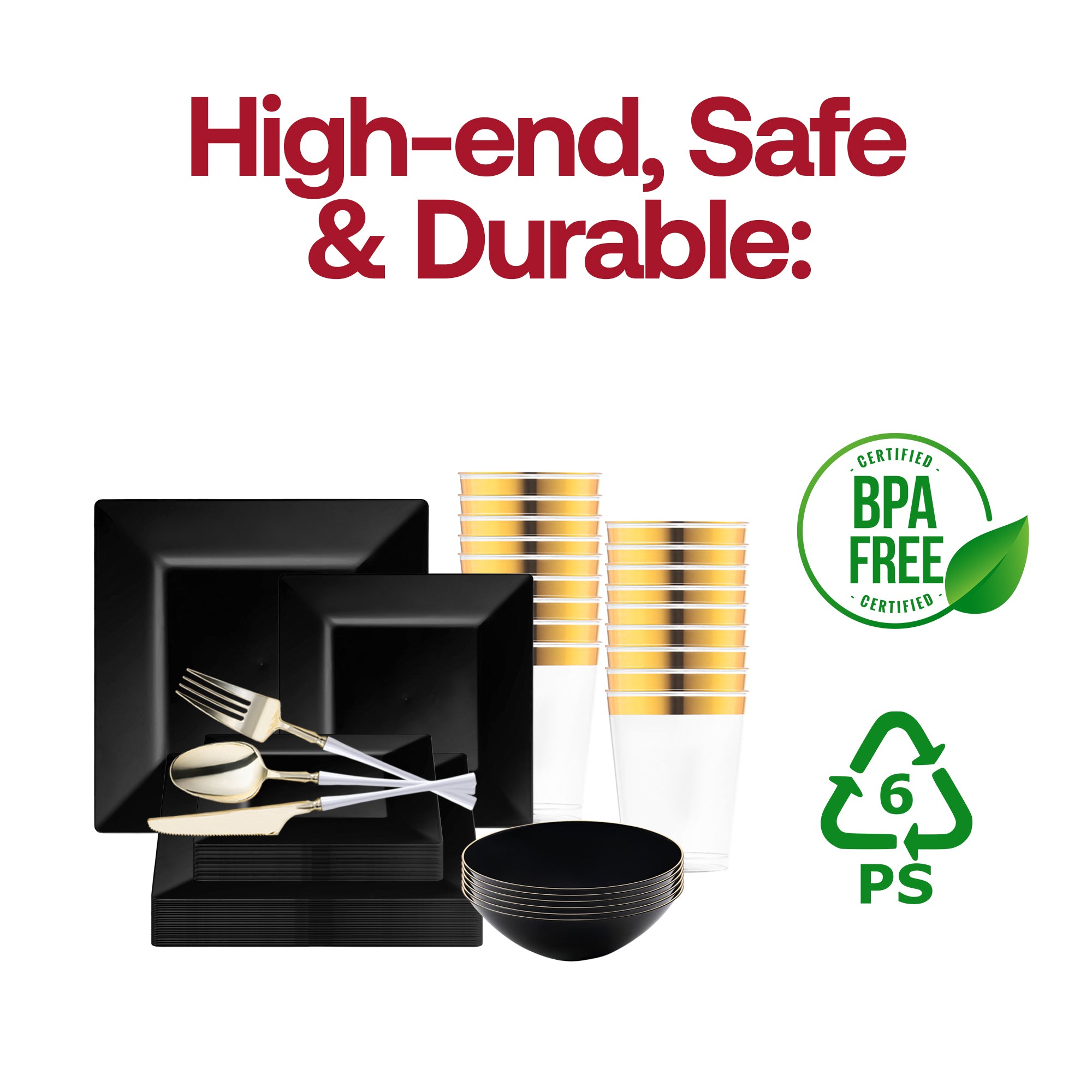 Black Square Disposable Plastic Tableware Set