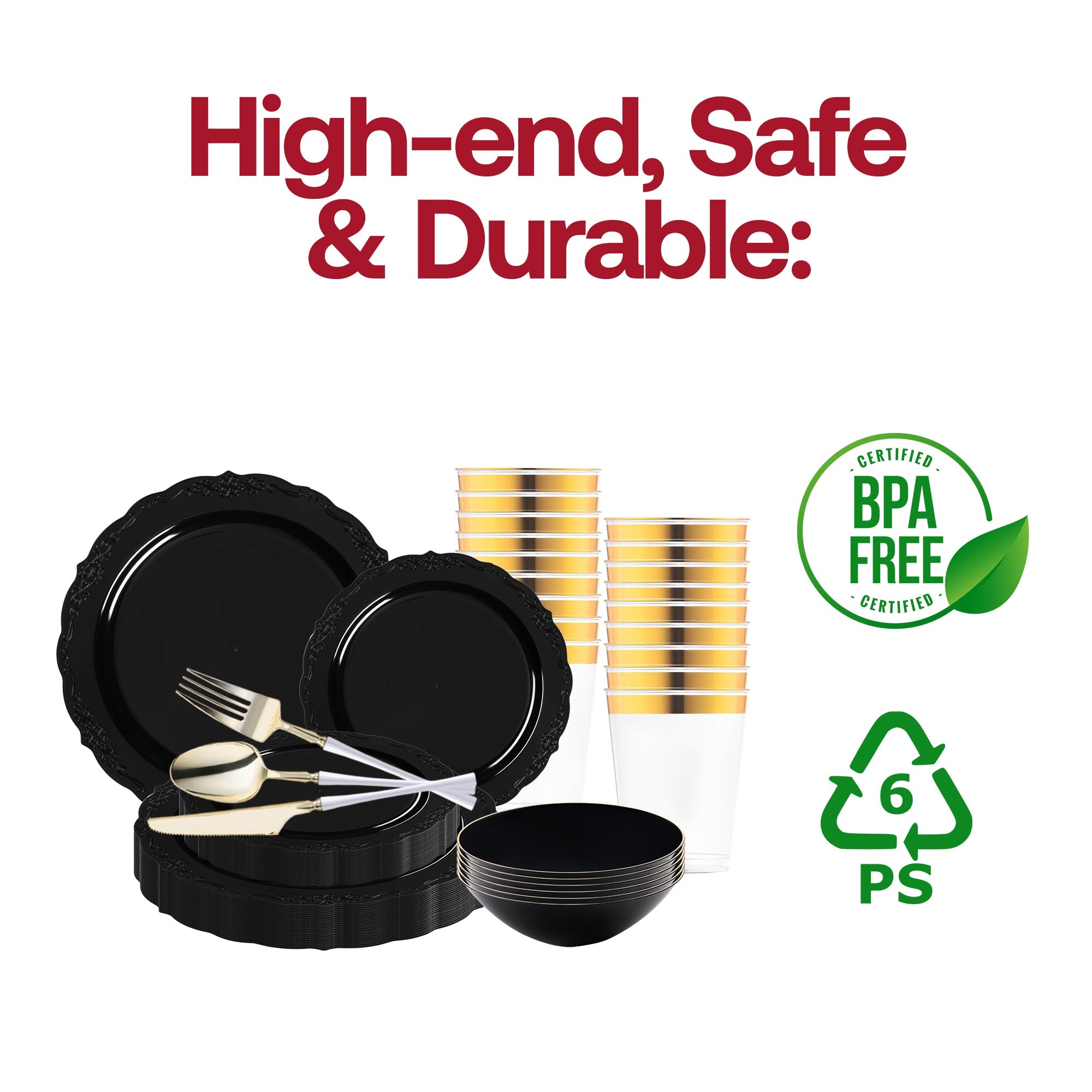 Black Vintage Disposable Plastic Tableware Set