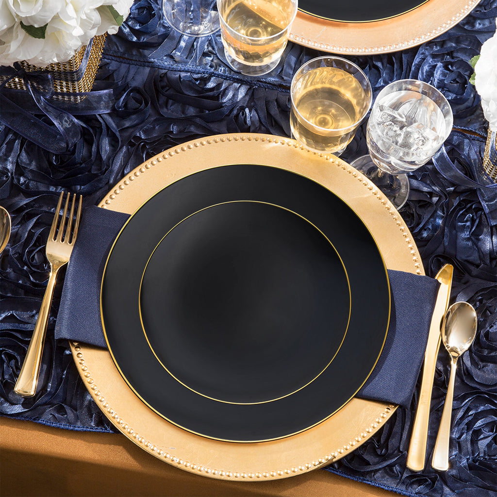 Black with Gold Rim Organic Round Disposable Plastic Wedding Value Set