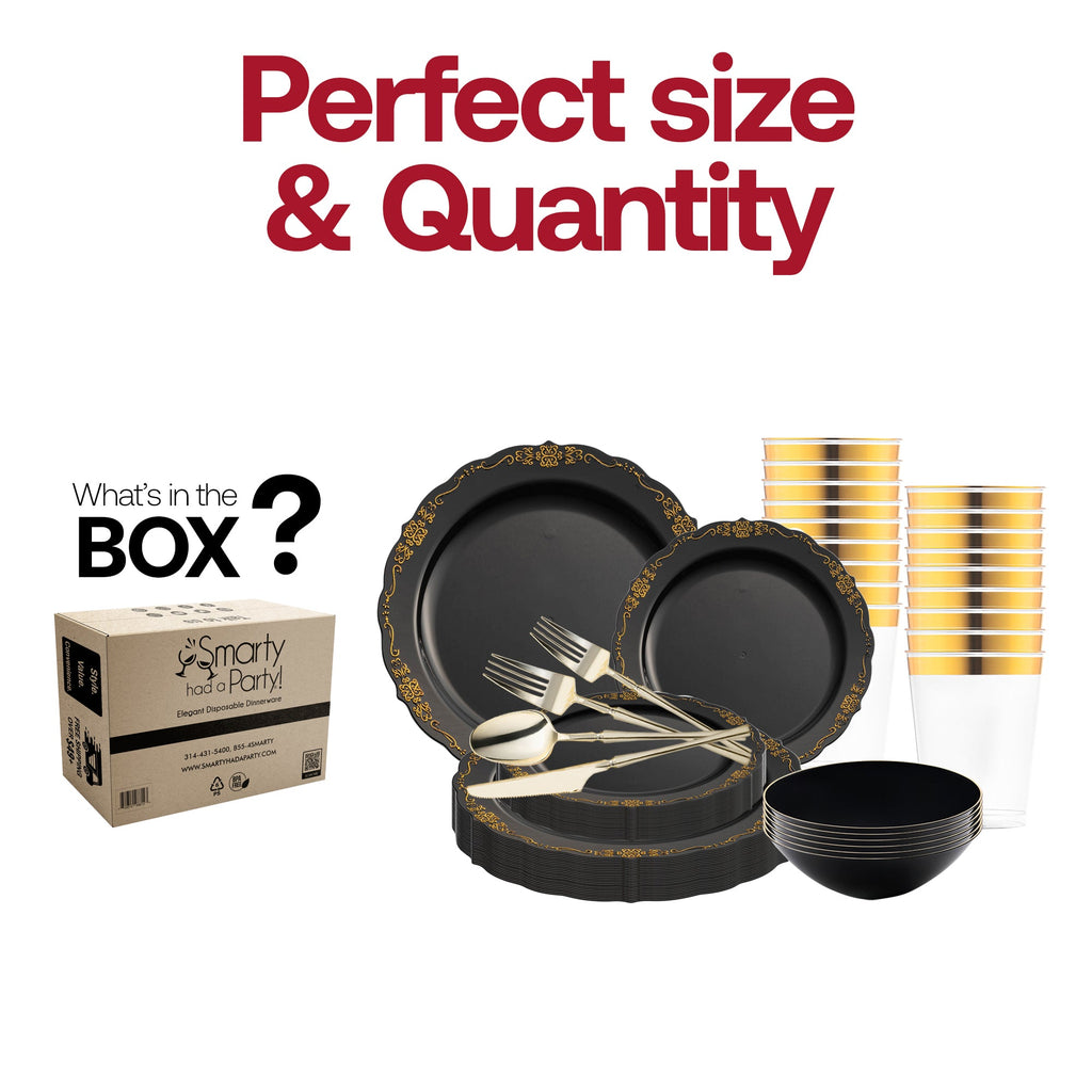 Black with Gold Vintage Disposable Plastic Tableware Set