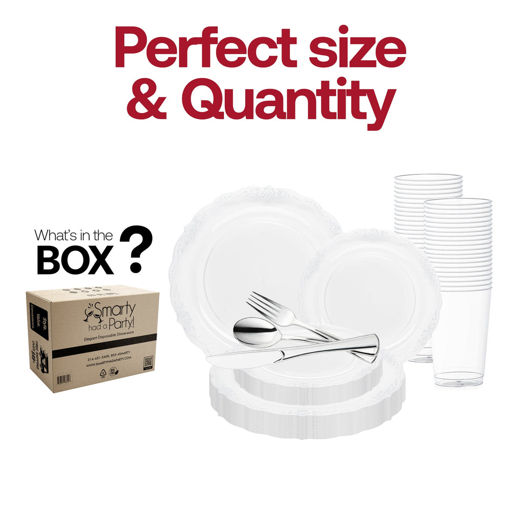Clear with Silver Vintage Rim Round Disposable Plastic Wedding Value Set
