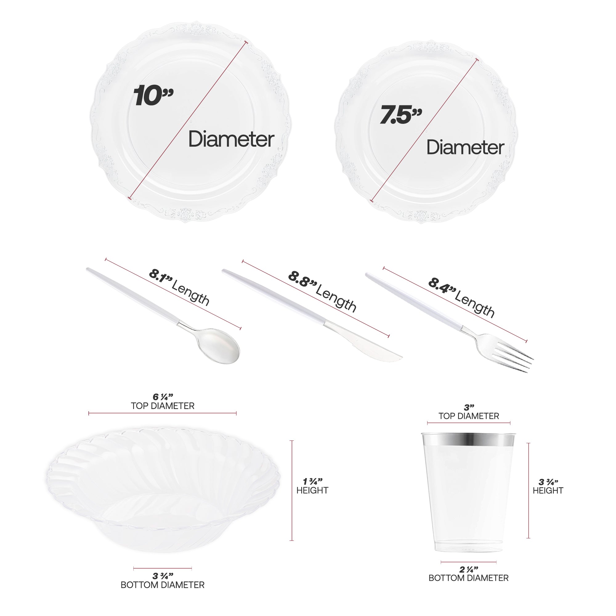 Clear with Silver Vintage Disposable Plastic Tableware Set