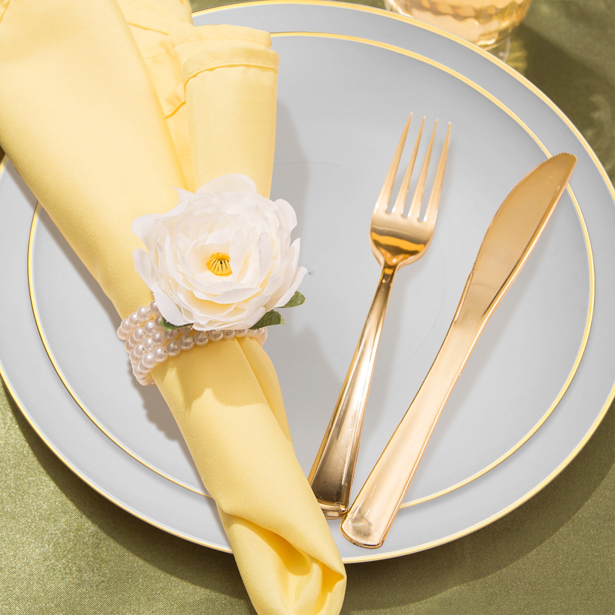 Gray with Gold Organic Round Disposable Plastic Wedding Value Set