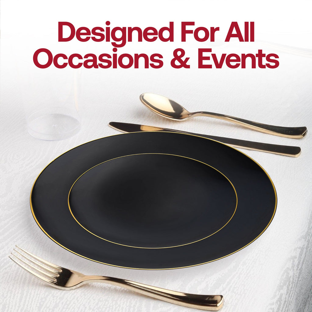 Black with Gold Rim Organic Round Disposable Plastic Dinnerware Value Set