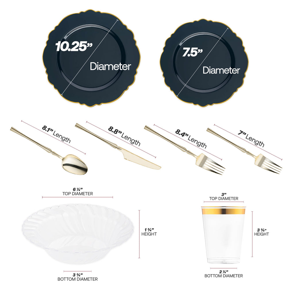 Navy with Gold Blossom Rim Disposable Plastic Tableware Set