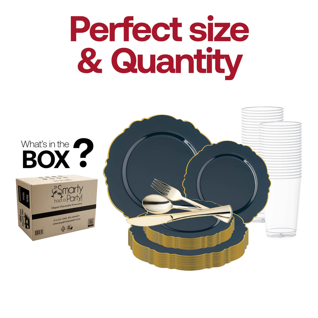 Navy with Gold Rim Round Blossom Disposable Plastic Wedding Value Set