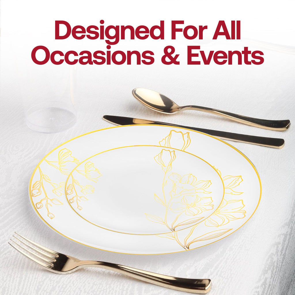 White with Gold Antique Floral Round Disposable Plastic Dinnerware Value Set