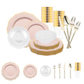 Pink with Gold Blossom Rim Disposable Plastic Tableware Set