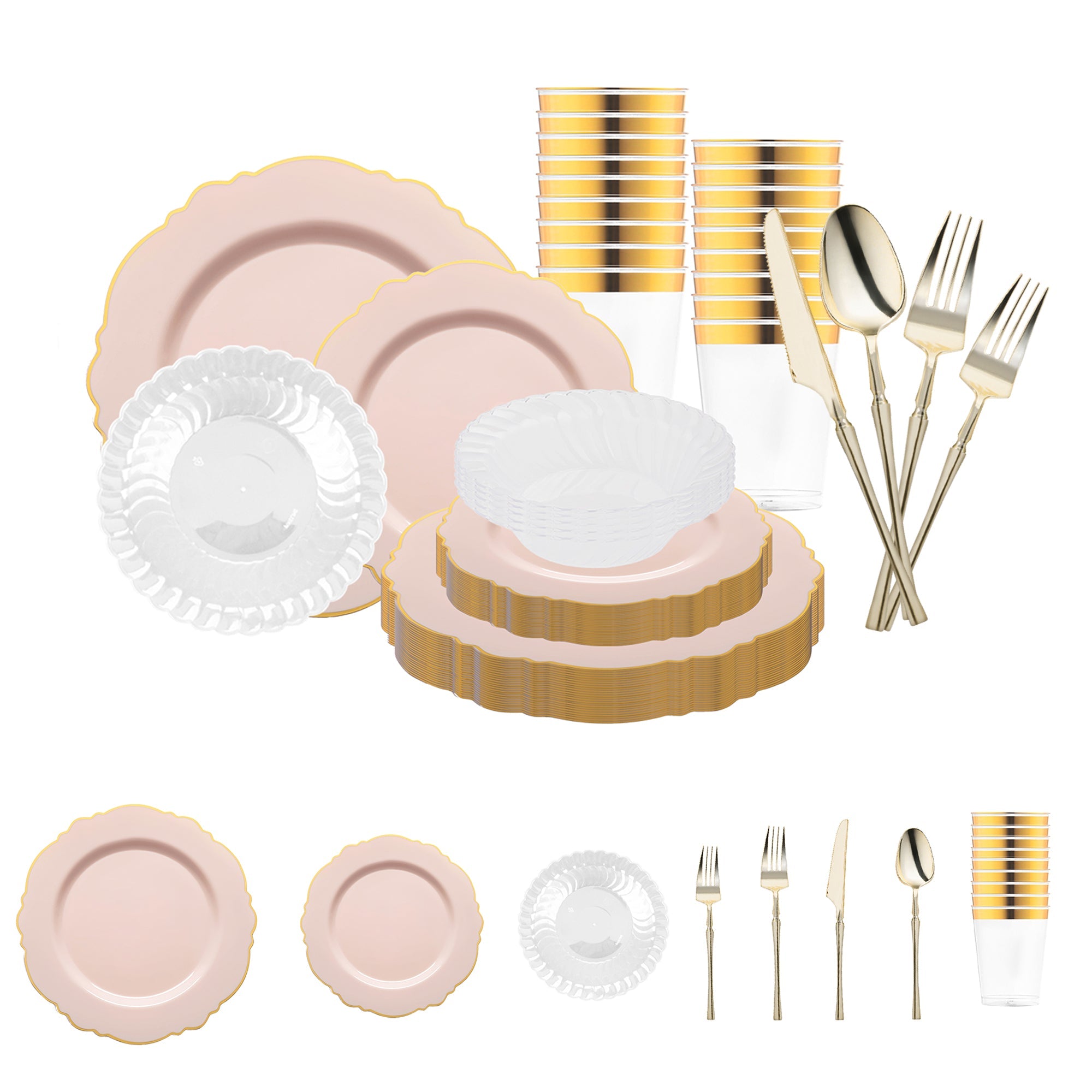 Pink with Gold Blossom Rim Disposable Plastic Tableware Set