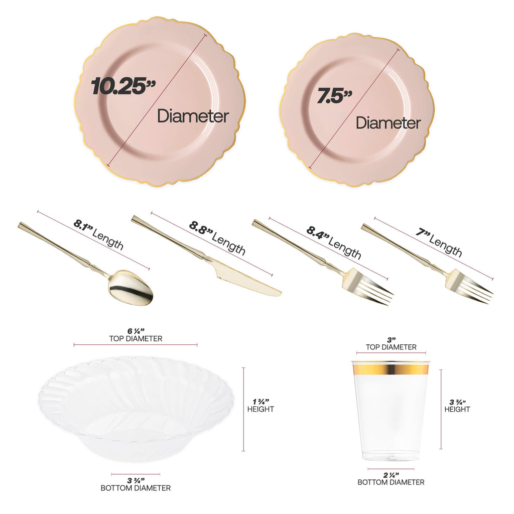 Pink with Gold Blossom Rim Disposable Plastic Tableware Set