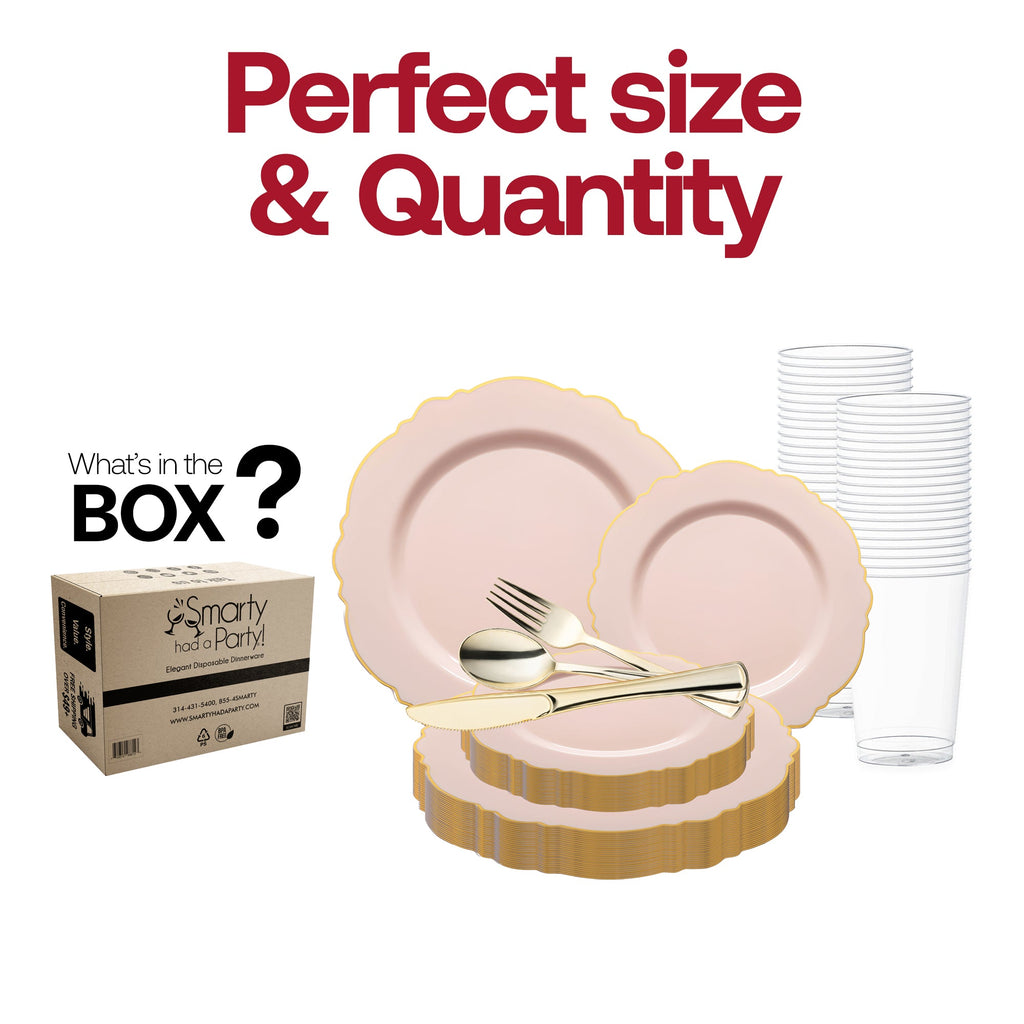 Pink with Gold Rim Round Blossom Disposable Plastic Wedding Value Set