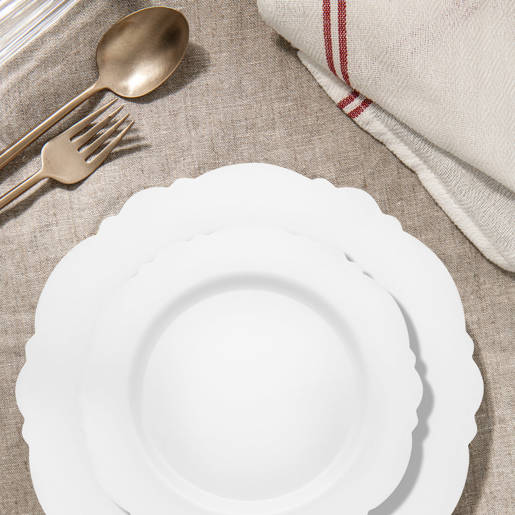 Solid White Round Blossom Disposable Plastic Dinnerware Value Set