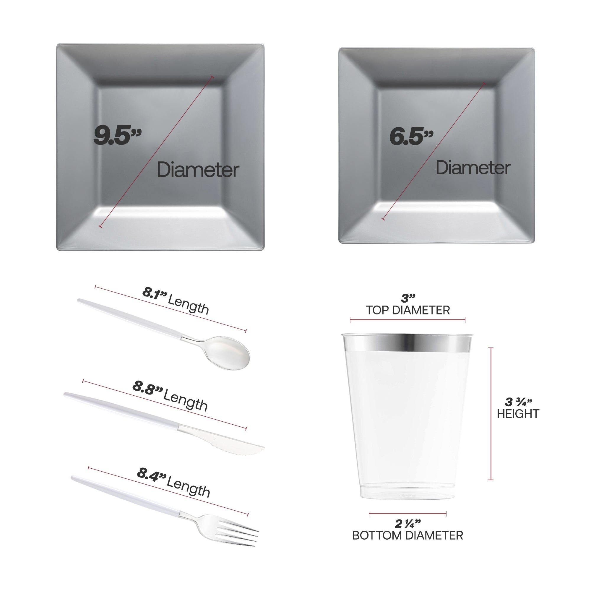 Silver Square Disposable Plastic Tableware Set