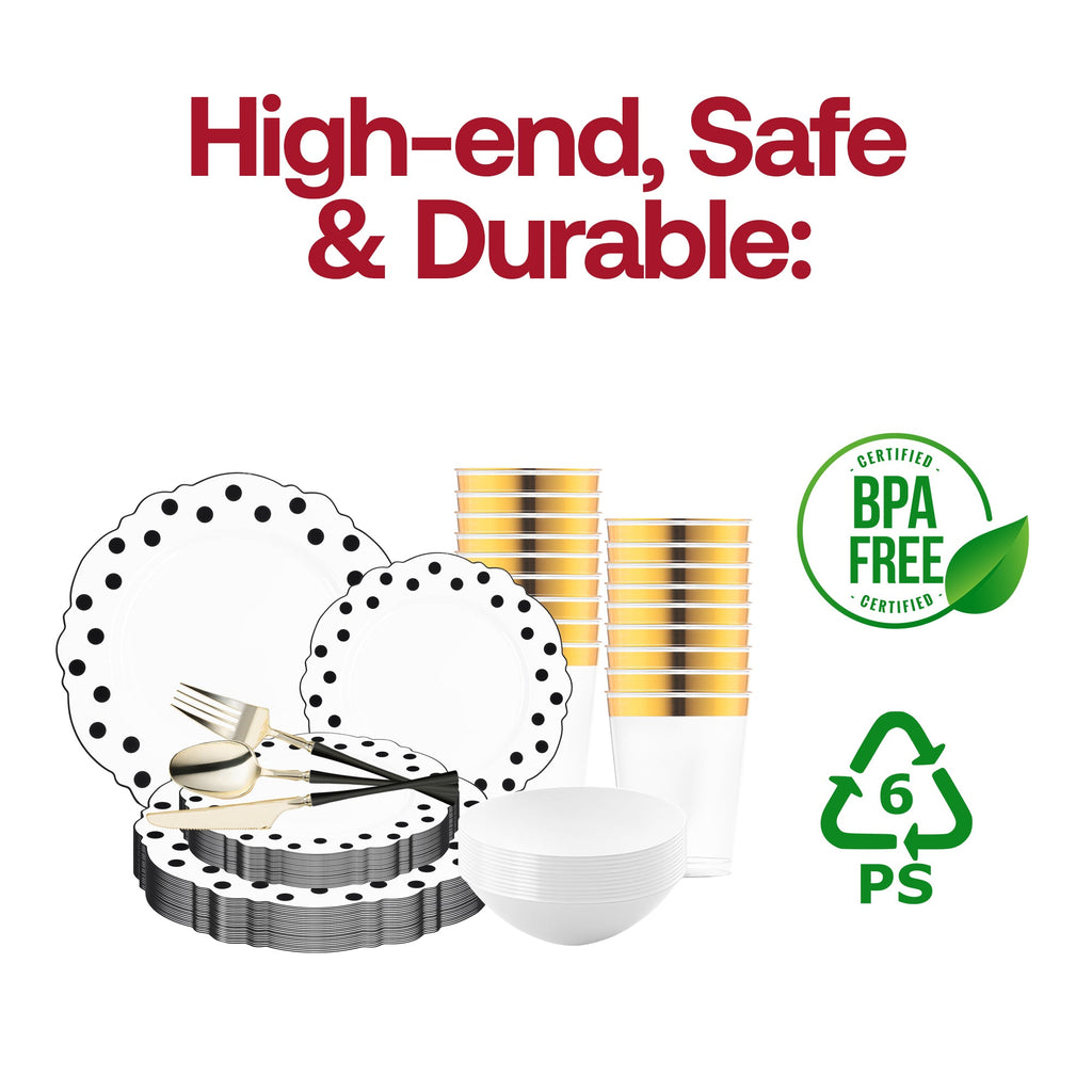 White with Black Blossom Dots Disposable Plastic Tableware Set