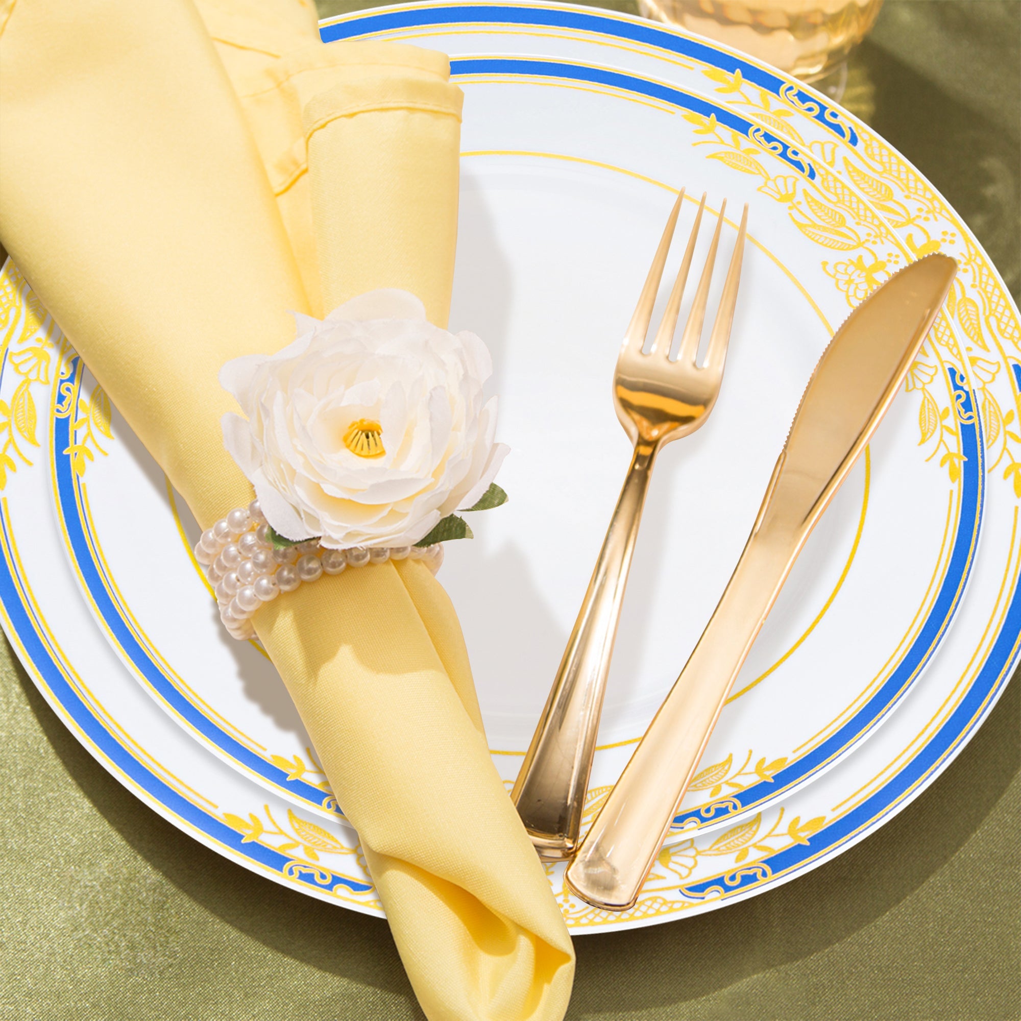 White with Blue and Gold Harmony Rim Plastic Wedding Value Set