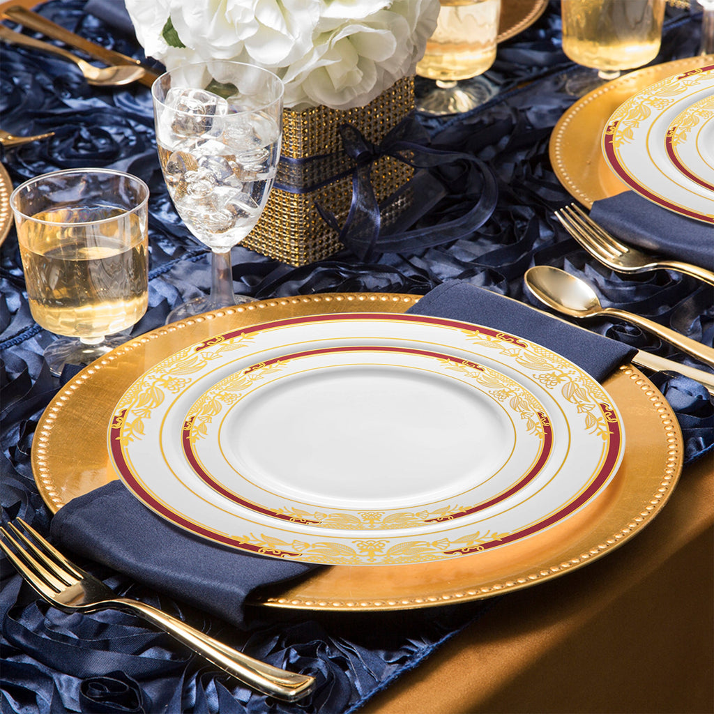 White with Burgundy and Gold Harmony Rim Plastic Wedding Value Set