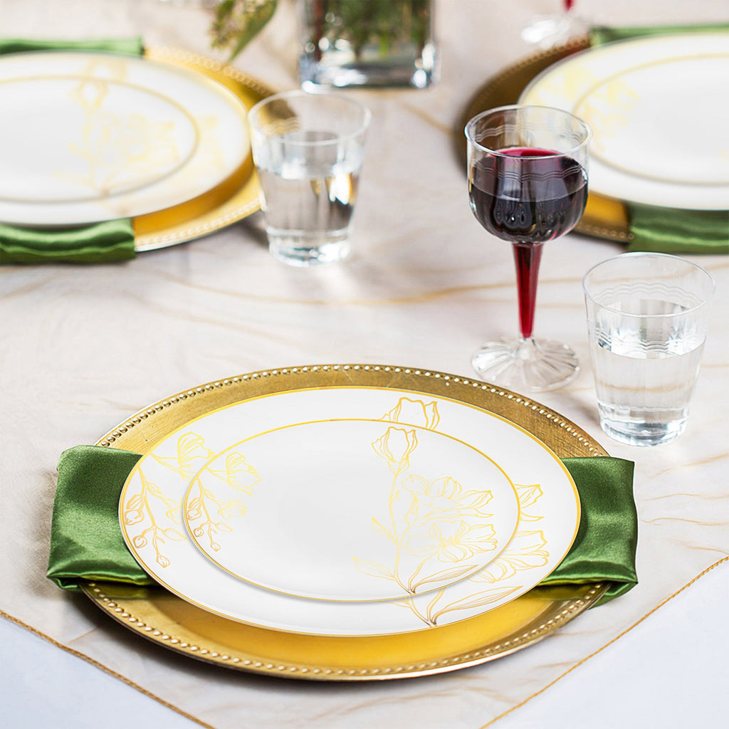 White with Gold Antique Floral Round Disposable Plastic Wedding Value Set