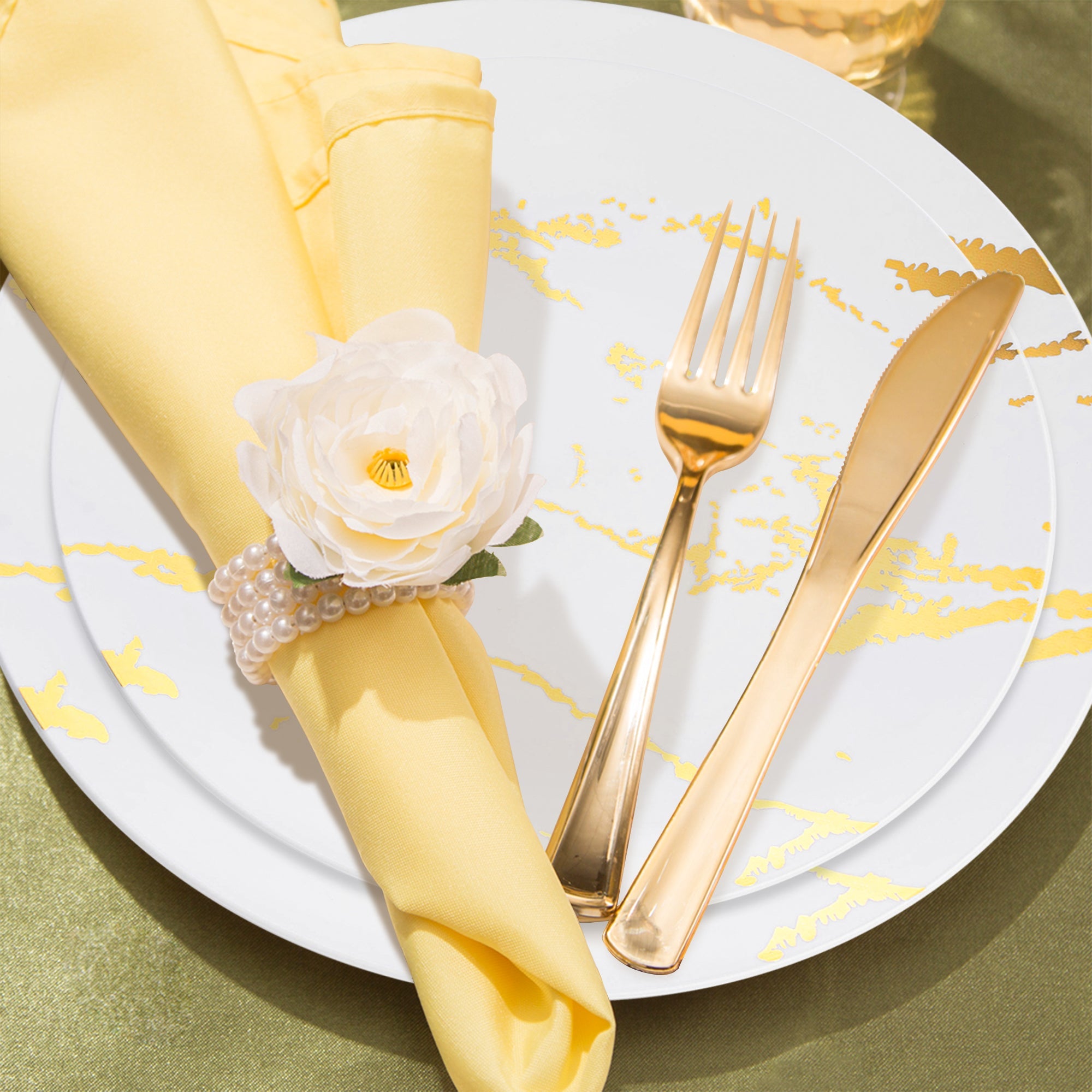 White with Gold Marble Stroke Round Disposable Plastic Wedding Value Set