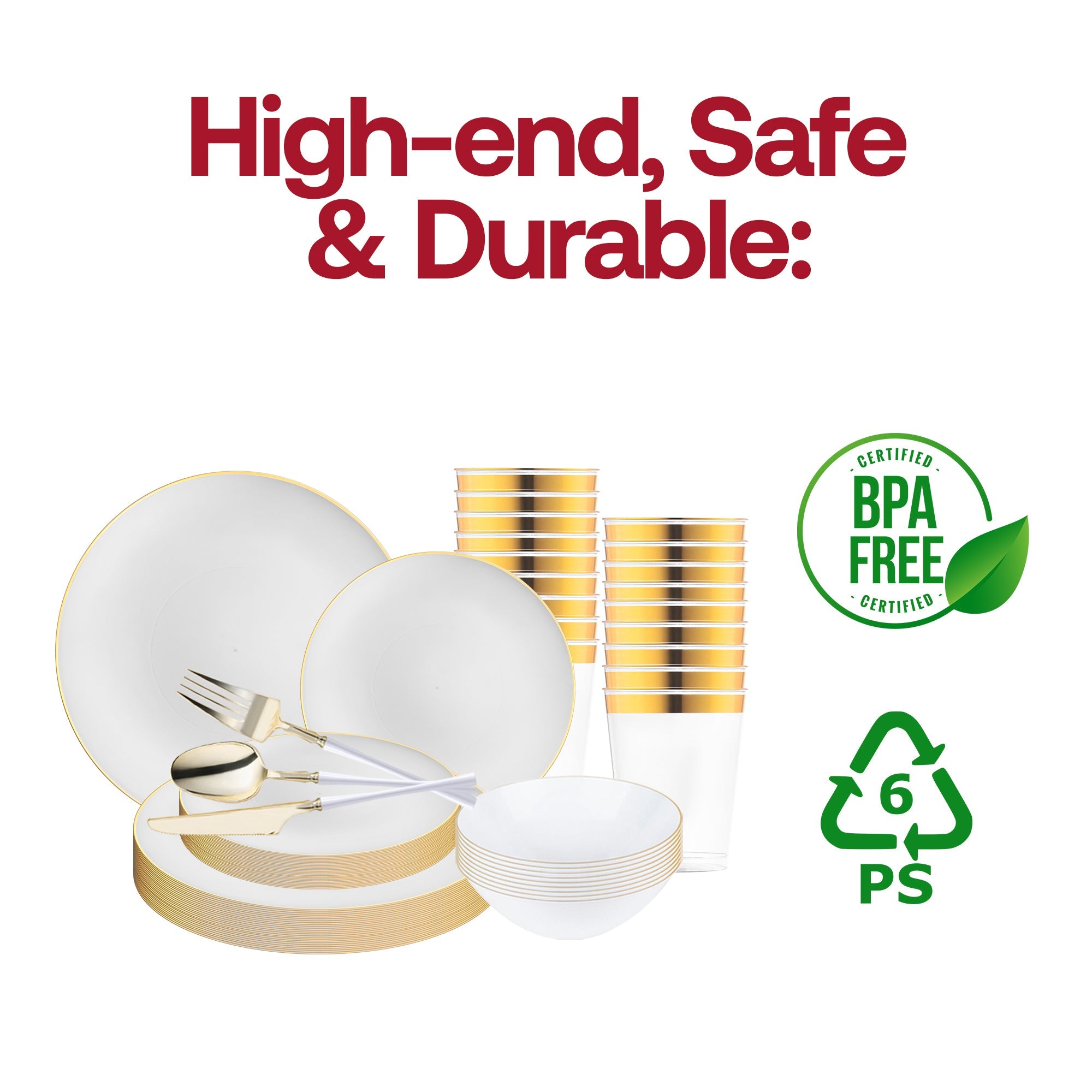 White with Gold Organic Disposable Plastic Tableware Set