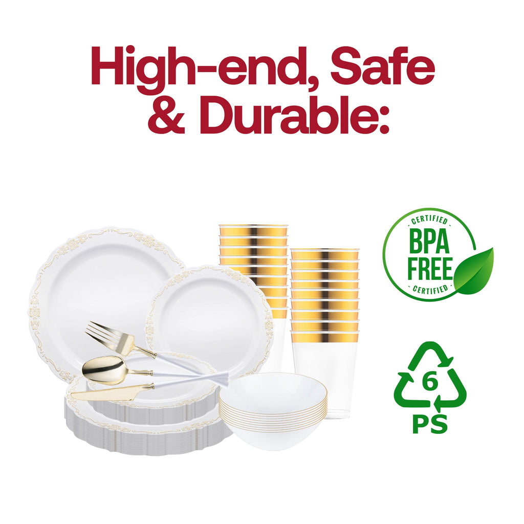 White with Gold Vintage Disposable Plastic Tableware Set