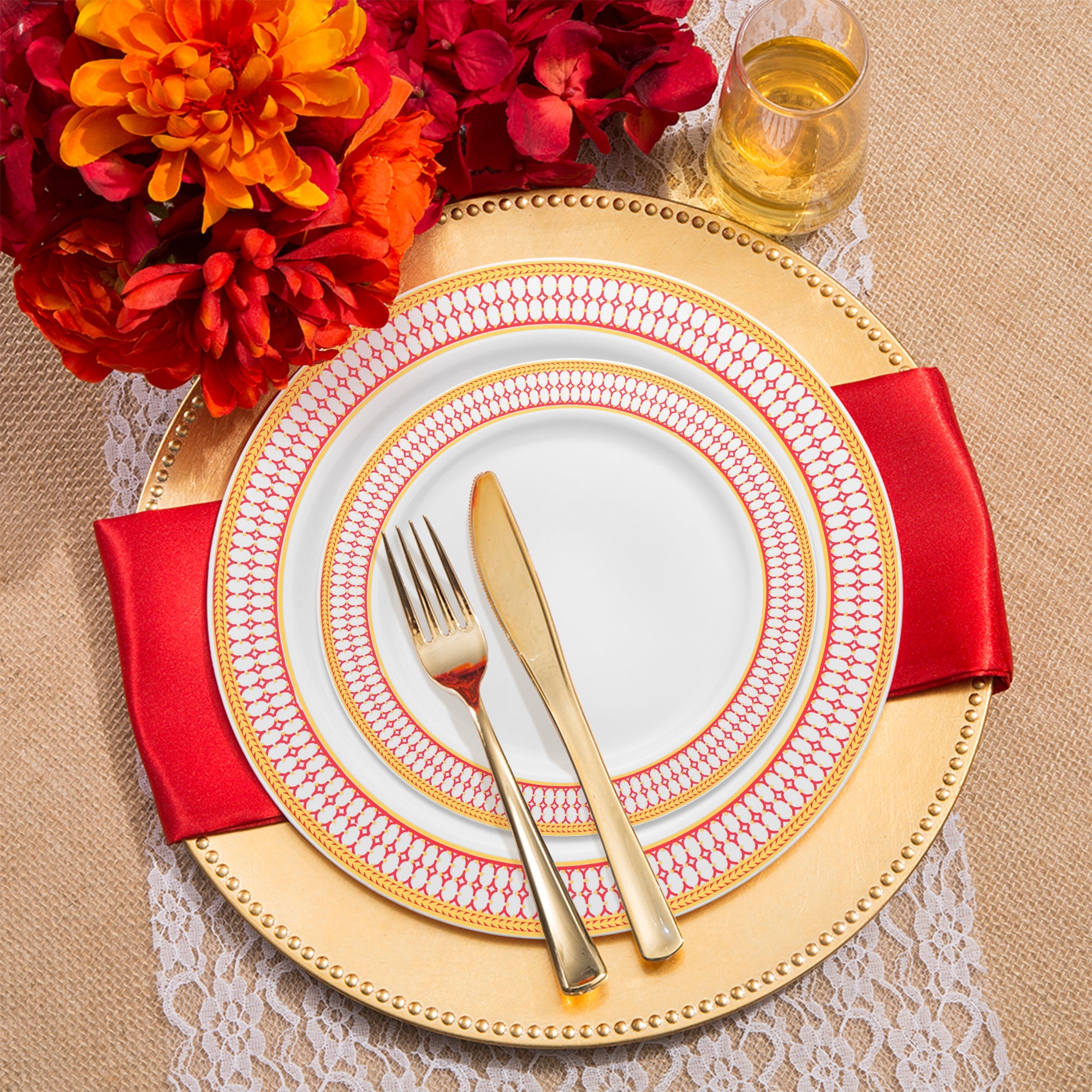 White with Red and Gold Chord Rim Plastic Wedding Value Set