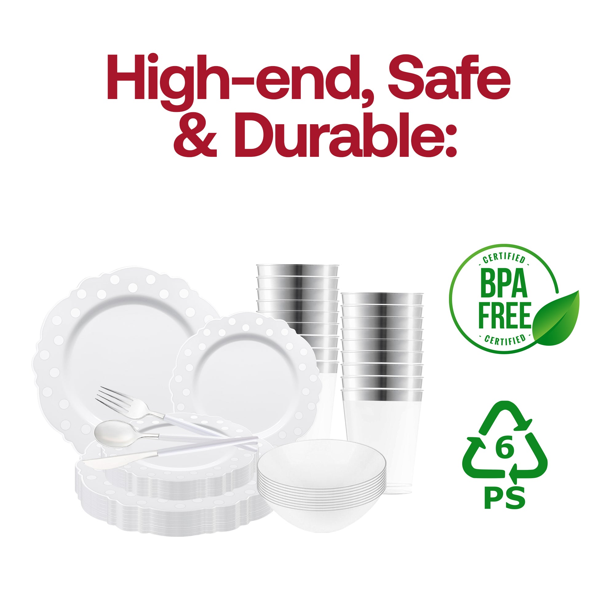 White with Silver Blossom Dots Disposable Plastic Tableware Set
