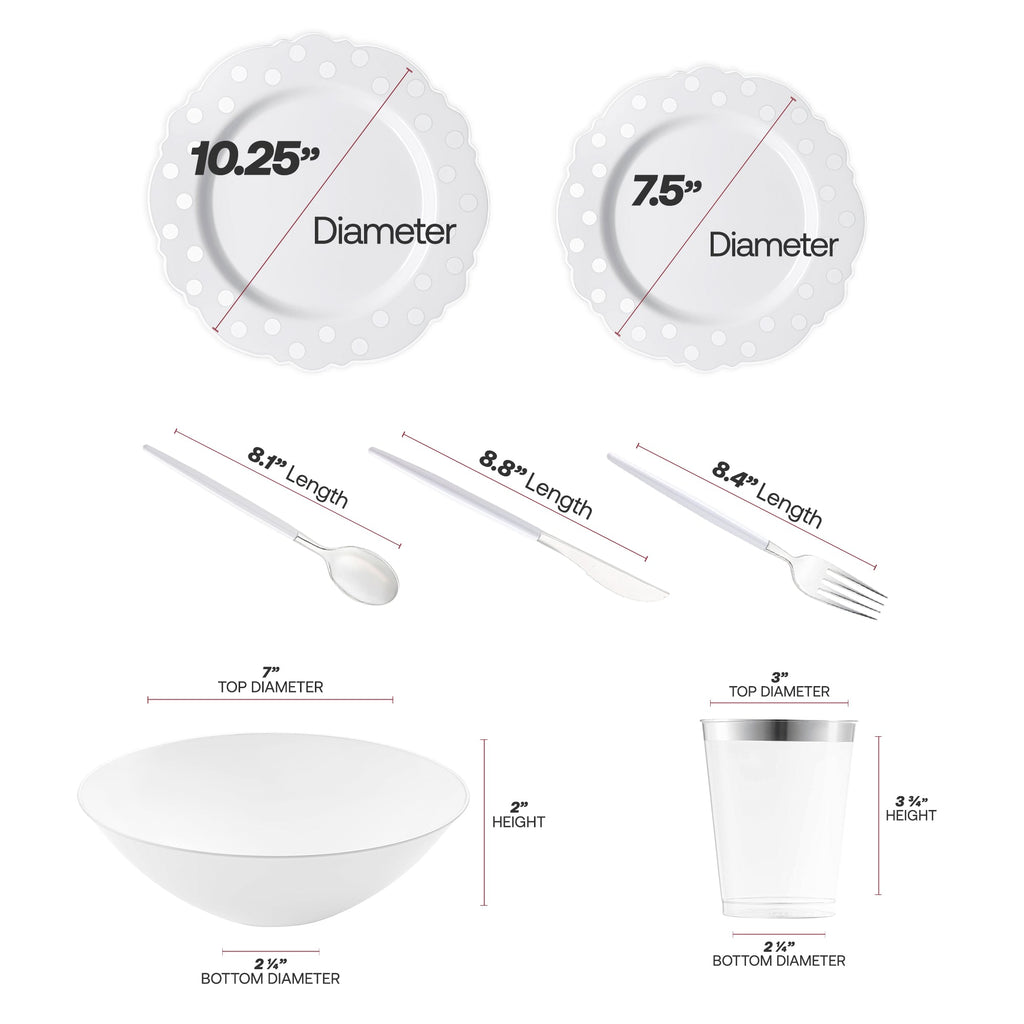 White with Silver Blossom Dots Disposable Plastic Tableware Set