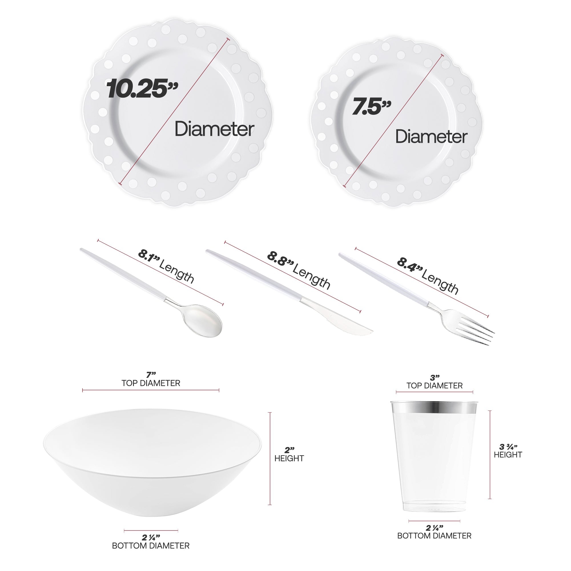 White with Silver Blossom Dots Disposable Plastic Tableware Set