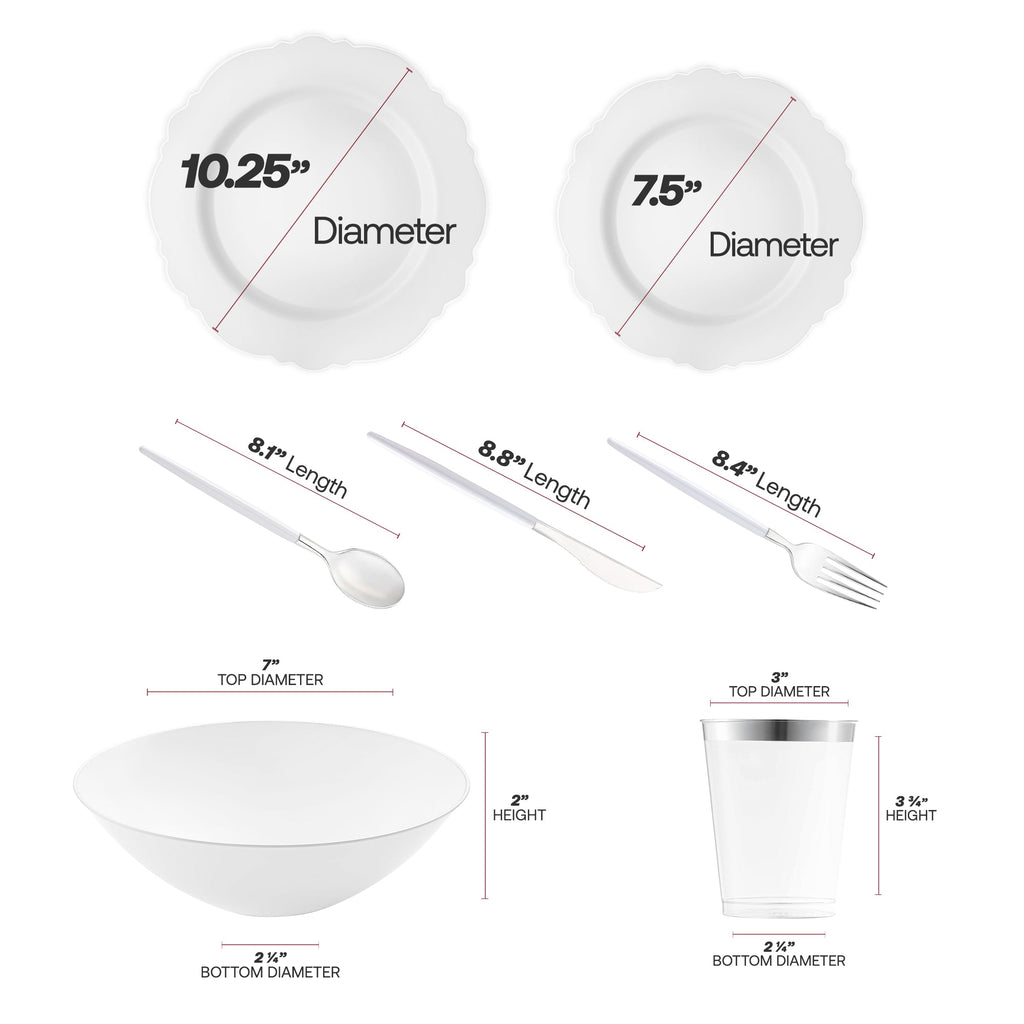 White with Silver Blossom Rim Disposable Plastic Tableware Set