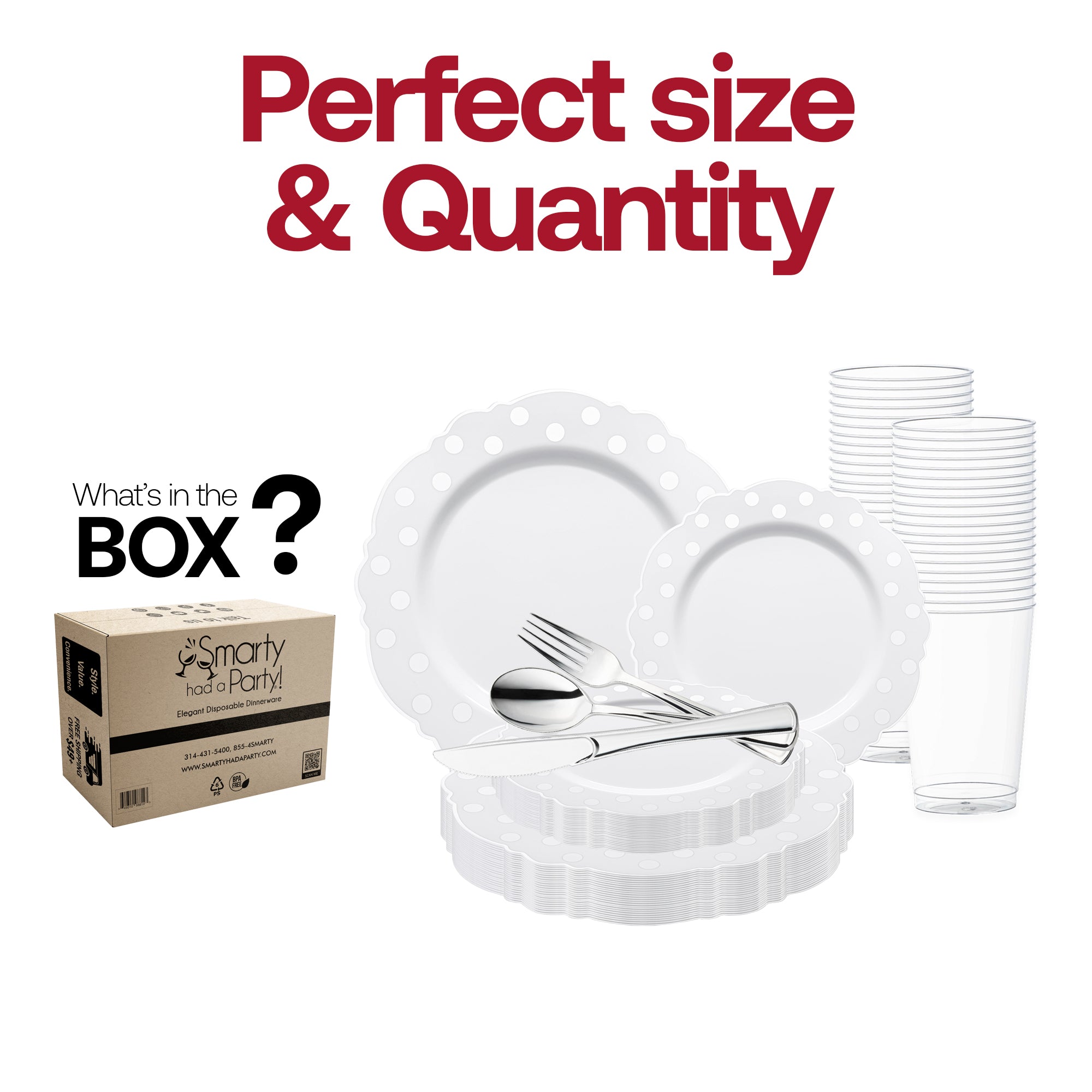 White with Silver Dots Round Blossom Disposable Plastic Wedding Value Set
