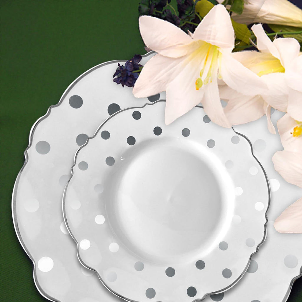 White with Silver Dots Round Blossom Disposable Plastic Wedding Value Set