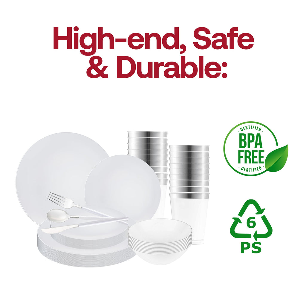 White with Silver Organic Disposable Plastic Tableware Set