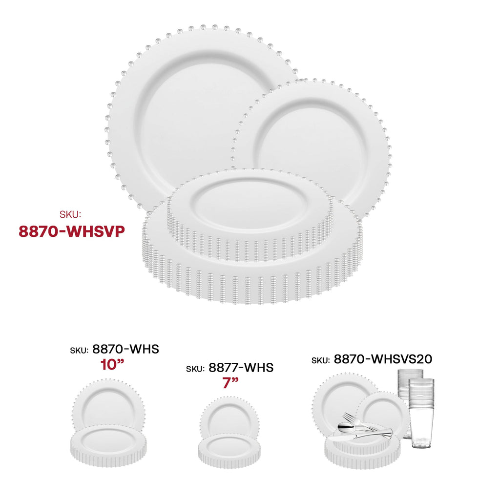 White with Silver Pearl String Round Disposable Plastic Dinnerware Value Set