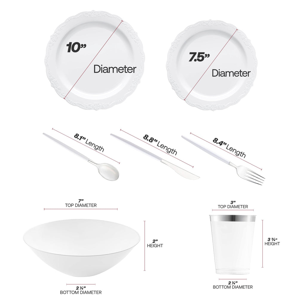 White with Silver Vintage Disposable Plastic Tableware Set