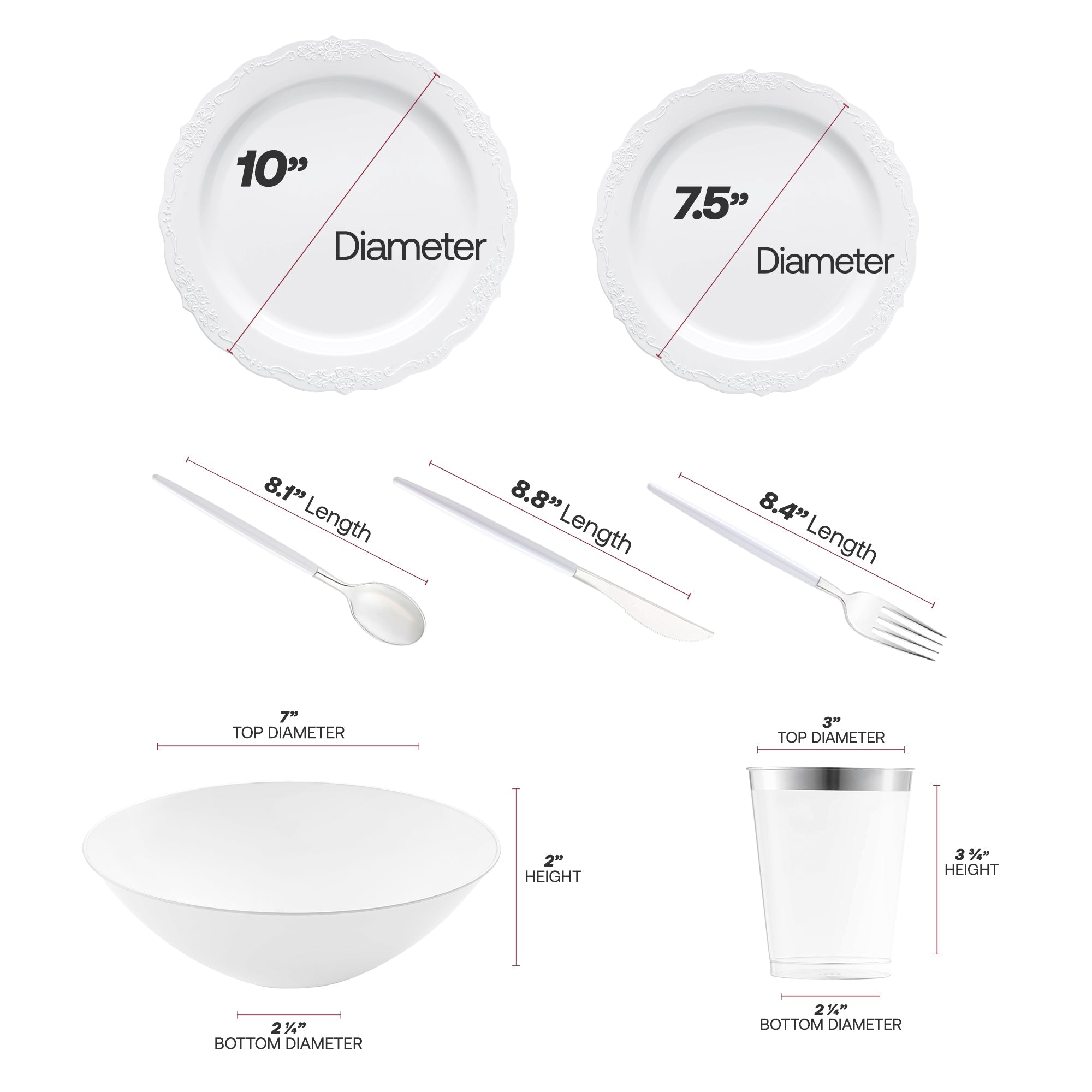 White with Silver Vintage Disposable Plastic Tableware Set