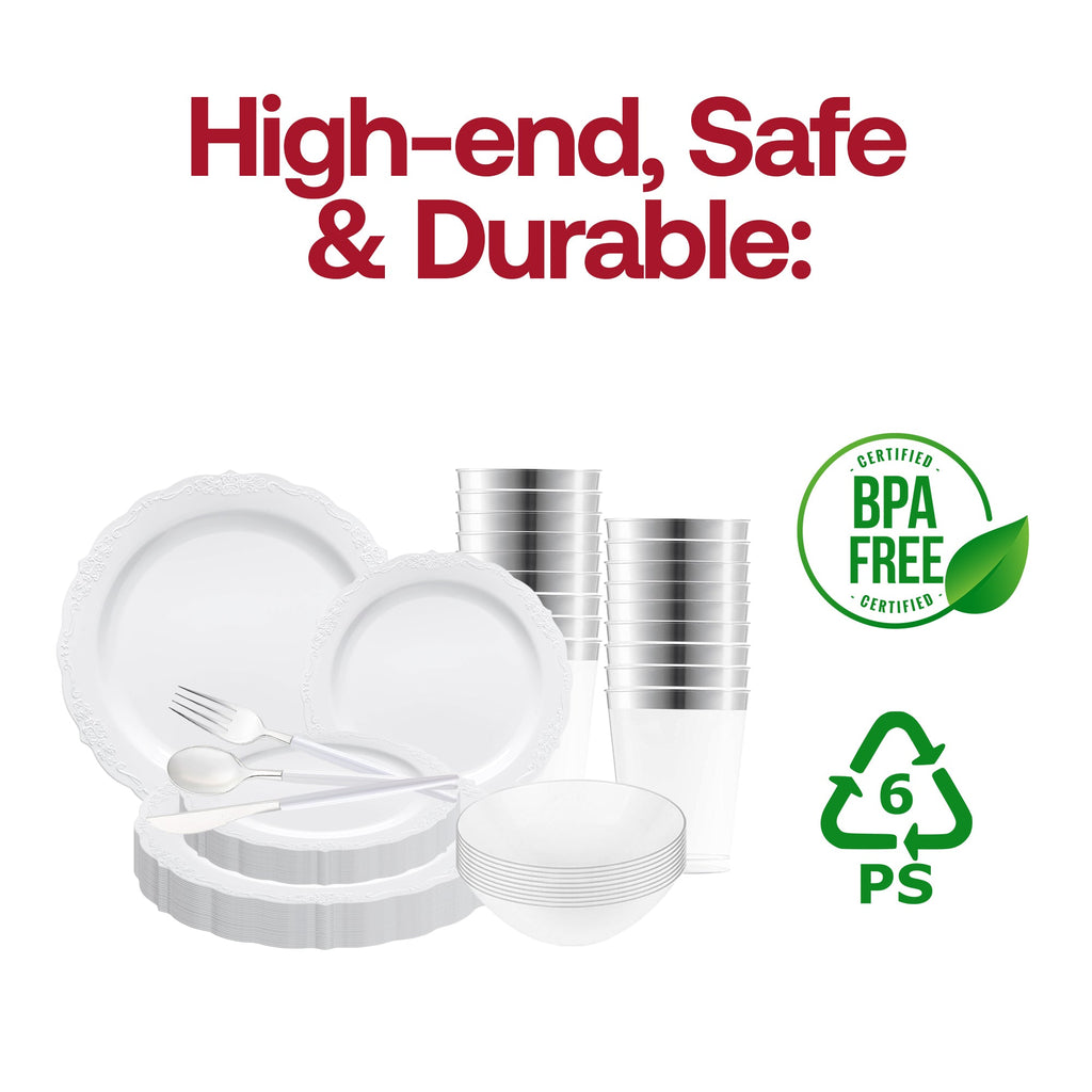 White with Silver Vintage Disposable Plastic Tableware Set