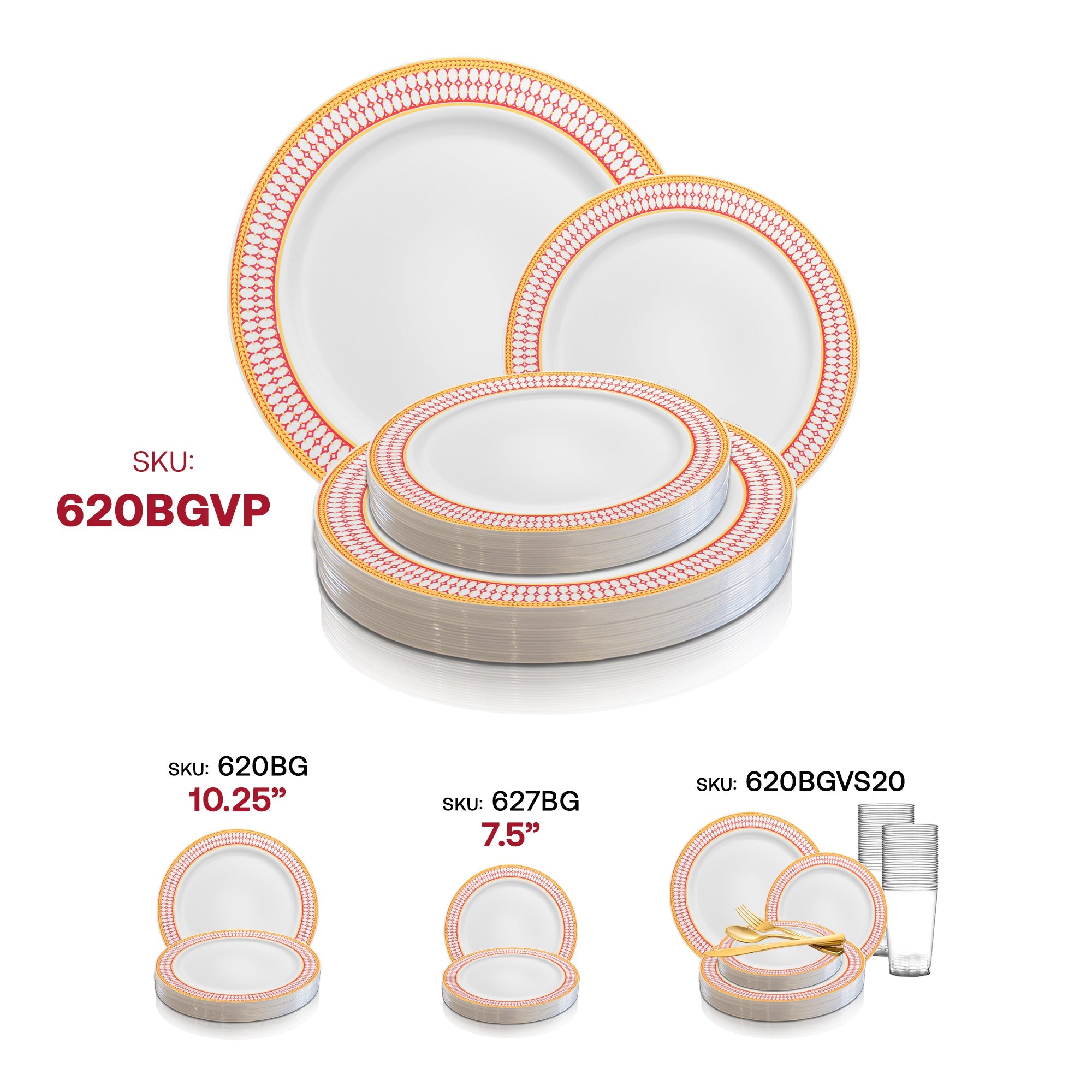 White with Red and Gold Chord Rim Plastic Dinnerware Value Set
