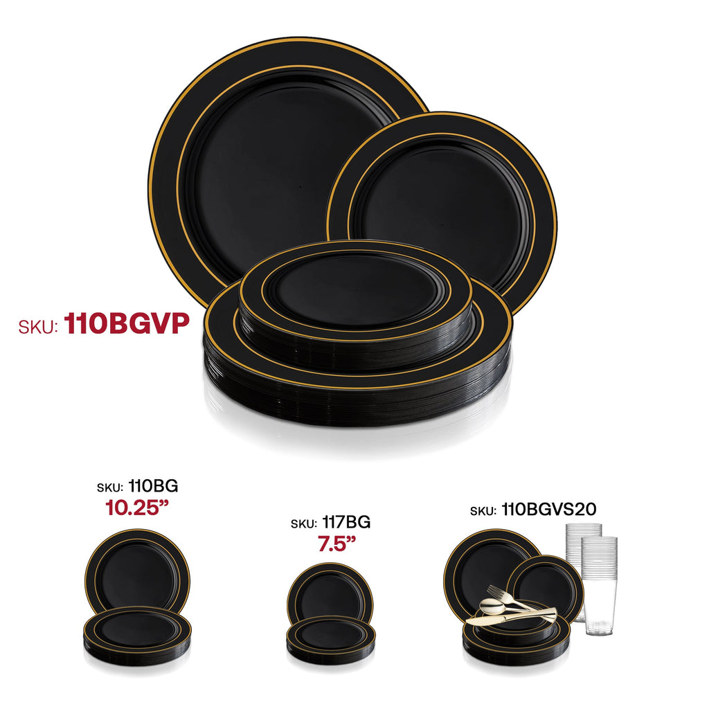 Black with Gold Edge Rim Plastic Dinnerware Value Set