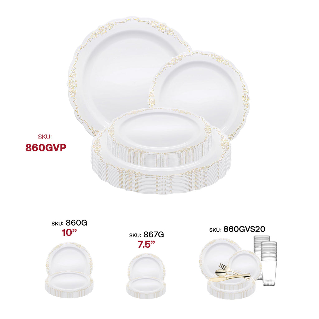 White with Gold Vintage Rim Round Disposable Plastic Dinnerware Value Set